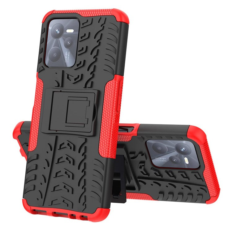 For Realme C35 Kickstand Phone Case Cool Tire Texture Anti-drop Hybrid TPU + PC Cover - Red