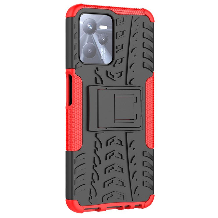 For Realme C35 Kickstand Phone Case Cool Tire Texture Anti-drop Hybrid TPU + PC Cover - Red