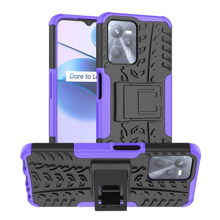 For Realme C35 Kickstand Phone Case Cool Tire Texture Anti-drop Hybrid TPU + PC Cover - Purple