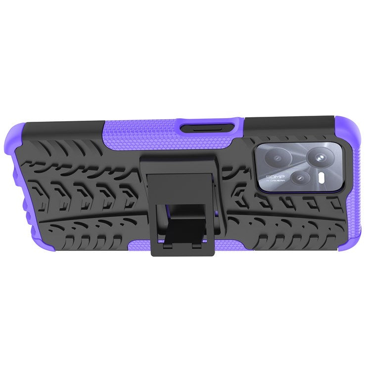 For Realme C35 Kickstand Phone Case Cool Tire Texture Anti-drop Hybrid TPU + PC Cover - Purple