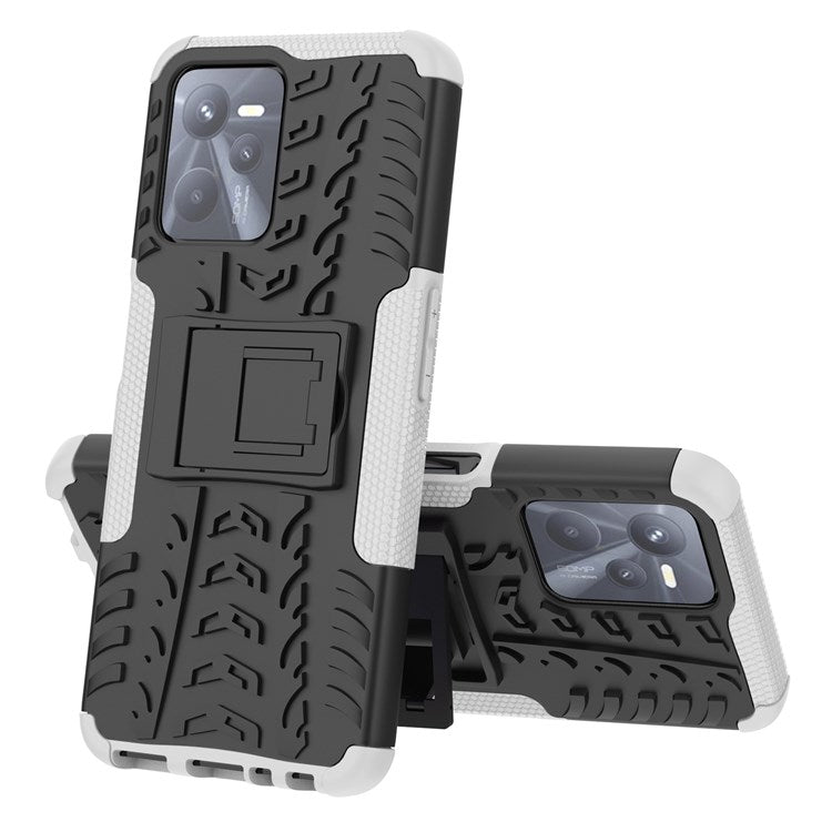 For Realme C35 Kickstand Phone Case Cool Tire Texture Anti-drop Hybrid TPU + PC Cover - White
