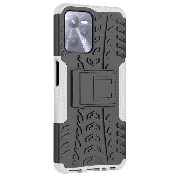 For Realme C35 Kickstand Phone Case Cool Tire Texture Anti-drop Hybrid TPU + PC Cover - White