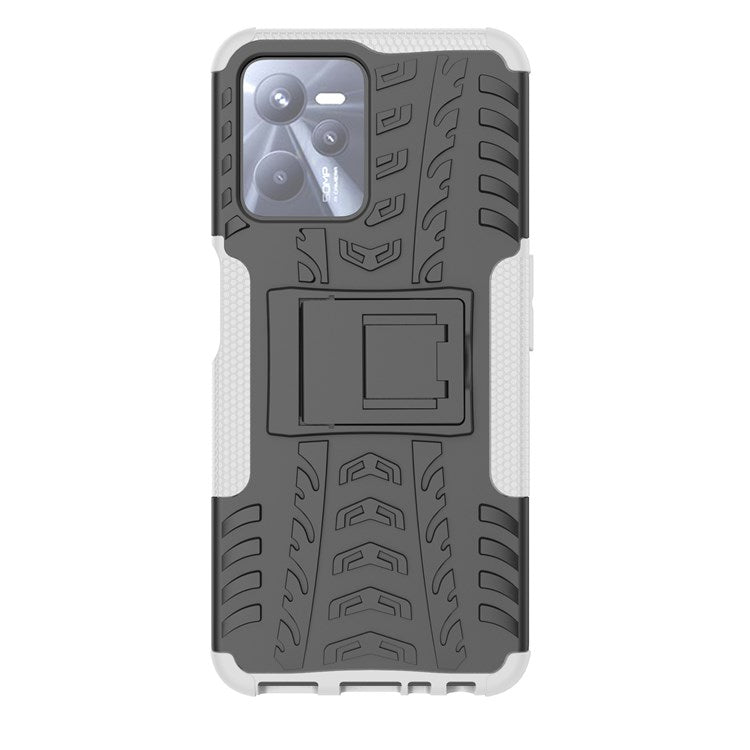 For Realme C35 Kickstand Phone Case Cool Tire Texture Anti-drop Hybrid TPU + PC Cover - White
