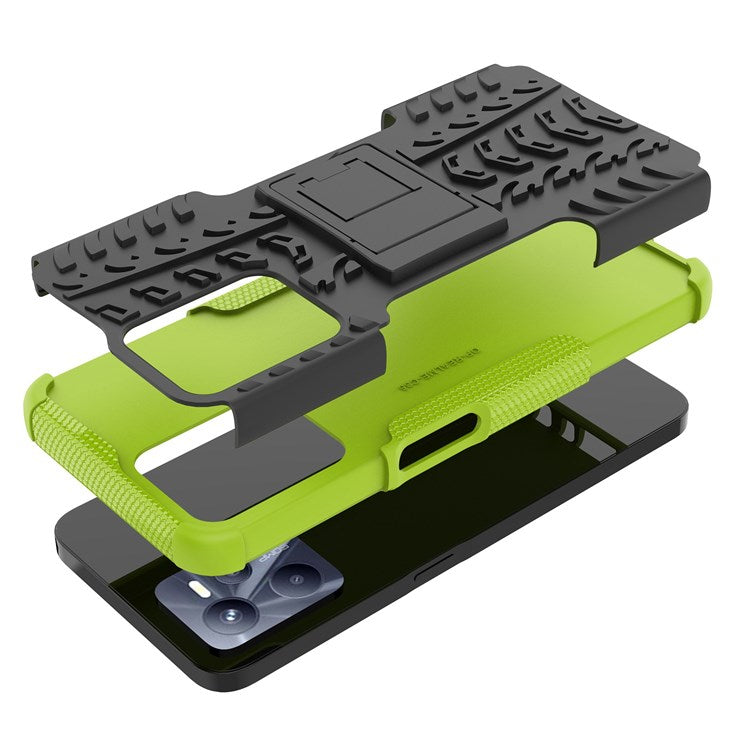 For Realme C35 Kickstand Phone Case Cool Tire Texture Anti-drop Hybrid TPU + PC Cover - Green