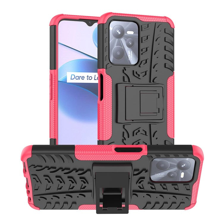 For Realme C35 Kickstand Phone Case Cool Tire Texture Anti-drop Hybrid TPU + PC Cover - Rose