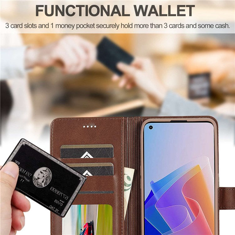 LC.IMEEKE For Oppo Reno7 Z 5G/A96 (China) Fully Wrapped Protective Shell, Textured PU Leather Magnetic Clasp Phone Case with Wallet Stand - Brown