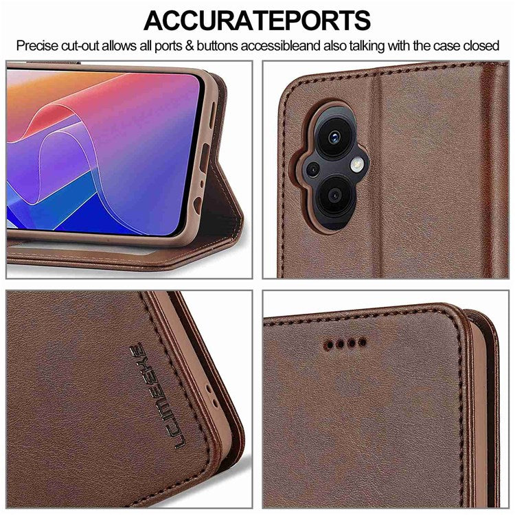 LC.IMEEKE For Oppo Reno7 Z 5G/A96 (China) Fully Wrapped Protective Shell, Textured PU Leather Magnetic Clasp Phone Case with Wallet Stand - Brown