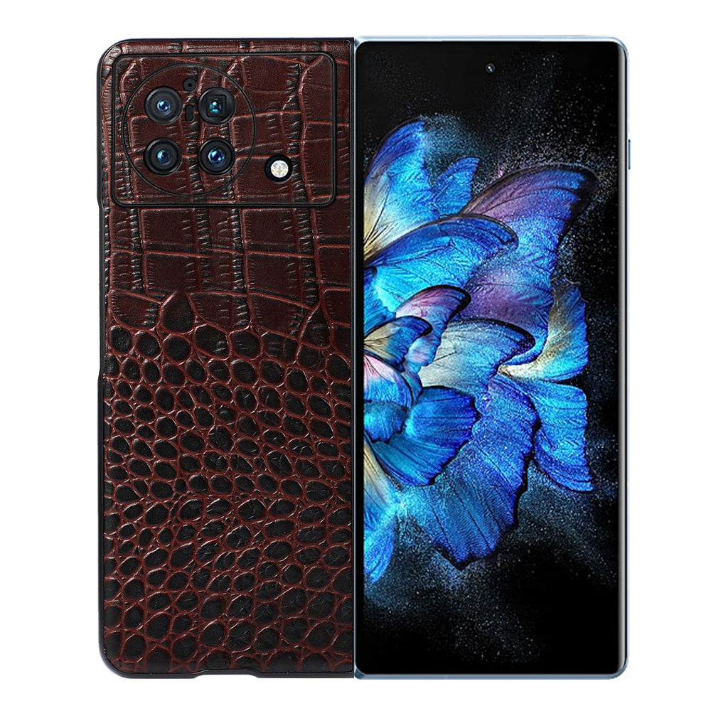 For vivo X Fold Folio Folding Crocodile Texture Genuine Cowhide Leather Phone Back Case Coated PC+TPU Phone Case Accessory - Coffee