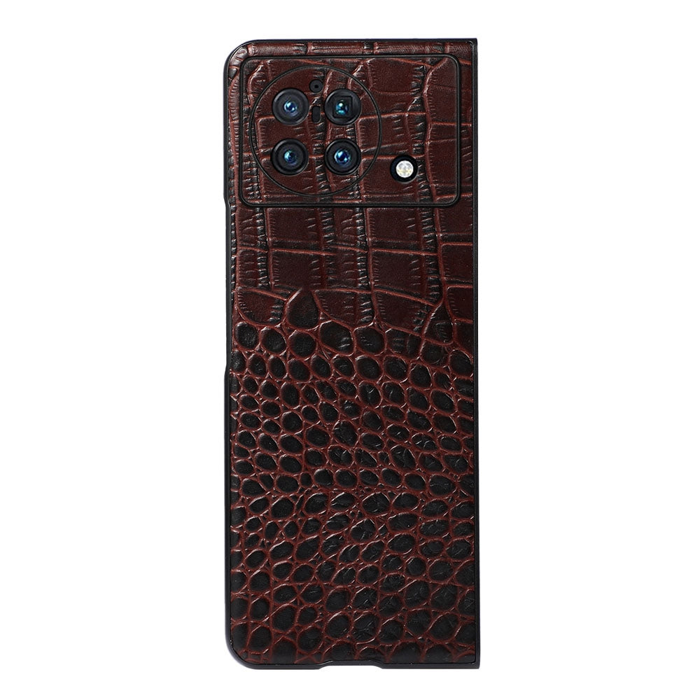 For vivo X Fold Folio Folding Crocodile Texture Genuine Cowhide Leather Phone Back Case Coated PC+TPU Phone Case Accessory - Coffee