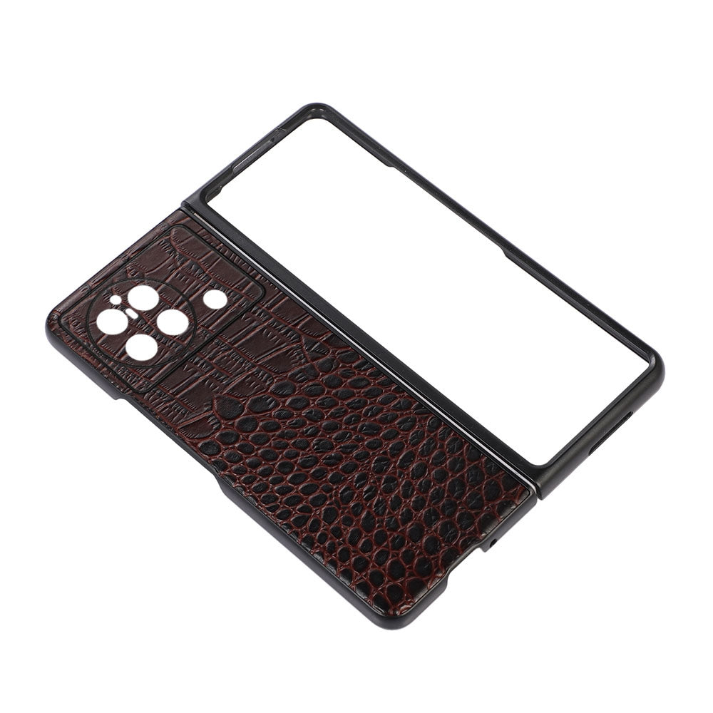For vivo X Fold Folio Folding Crocodile Texture Genuine Cowhide Leather Phone Back Case Coated PC+TPU Phone Case Accessory - Coffee