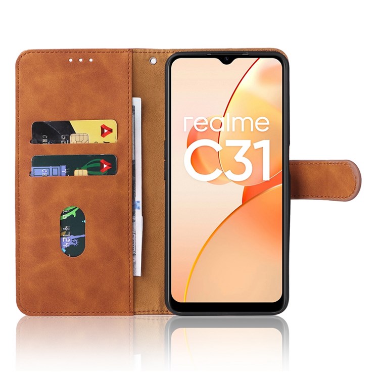 Skin-touch Feeling Phone Case for Realme C31, PU Leather + TPU Full Protection Cover with Stand Wallet - Brown