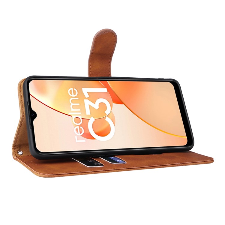 Skin-touch Feeling Phone Case for Realme C31, PU Leather + TPU Full Protection Cover with Stand Wallet - Brown