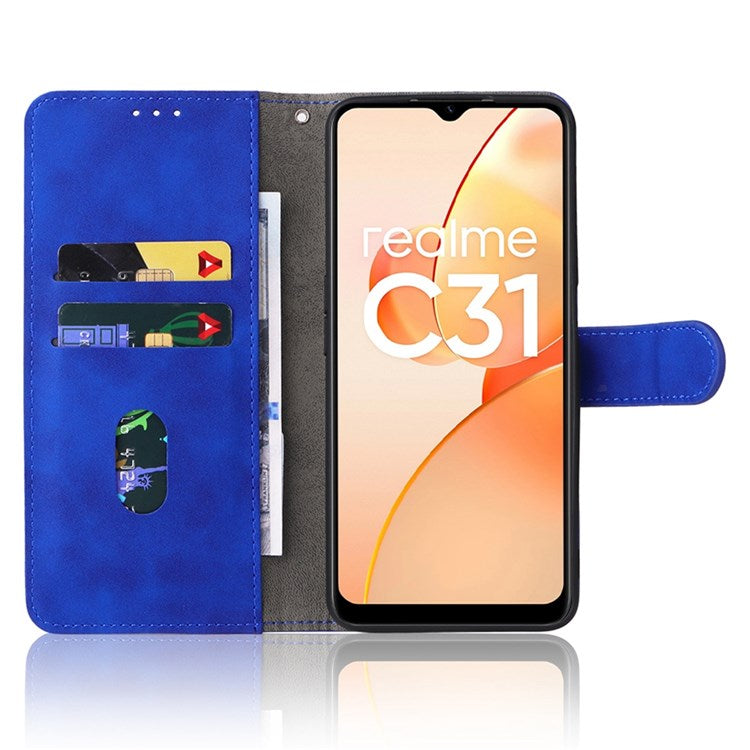 Skin-touch Feeling Phone Case for Realme C31, PU Leather + TPU Full Protection Cover with Stand Wallet - Blue