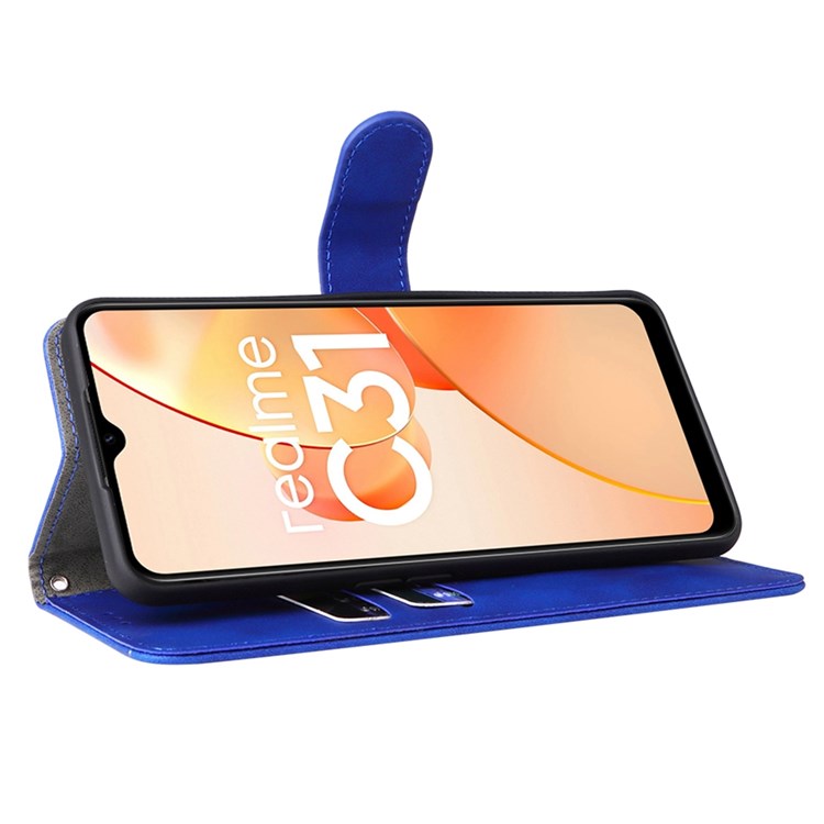 Skin-touch Feeling Phone Case for Realme C31, PU Leather + TPU Full Protection Cover with Stand Wallet - Blue