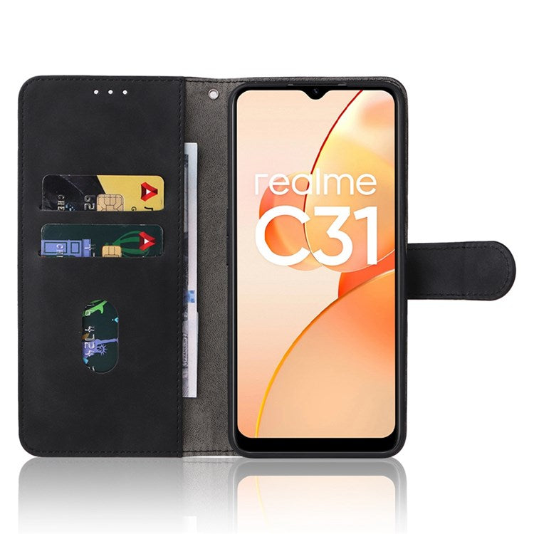 Skin-touch Feeling Phone Case for Realme C31, PU Leather + TPU Full Protection Cover with Stand Wallet - Black
