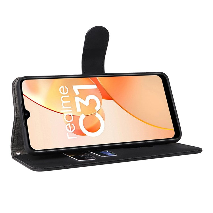 Skin-touch Feeling Phone Case for Realme C31, PU Leather + TPU Full Protection Cover with Stand Wallet - Black