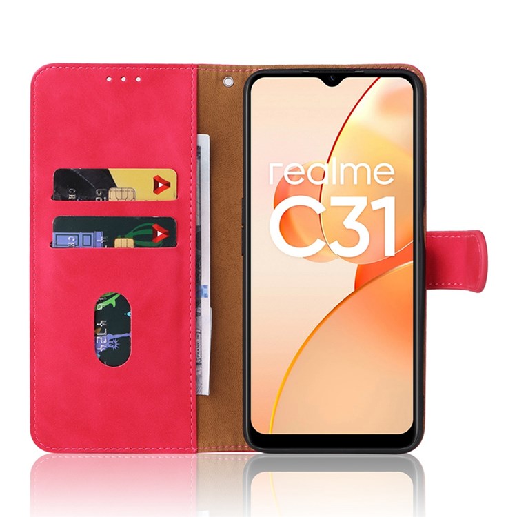 Skin-touch Feeling Phone Case for Realme C31, PU Leather + TPU Full Protection Cover with Stand Wallet - Rose