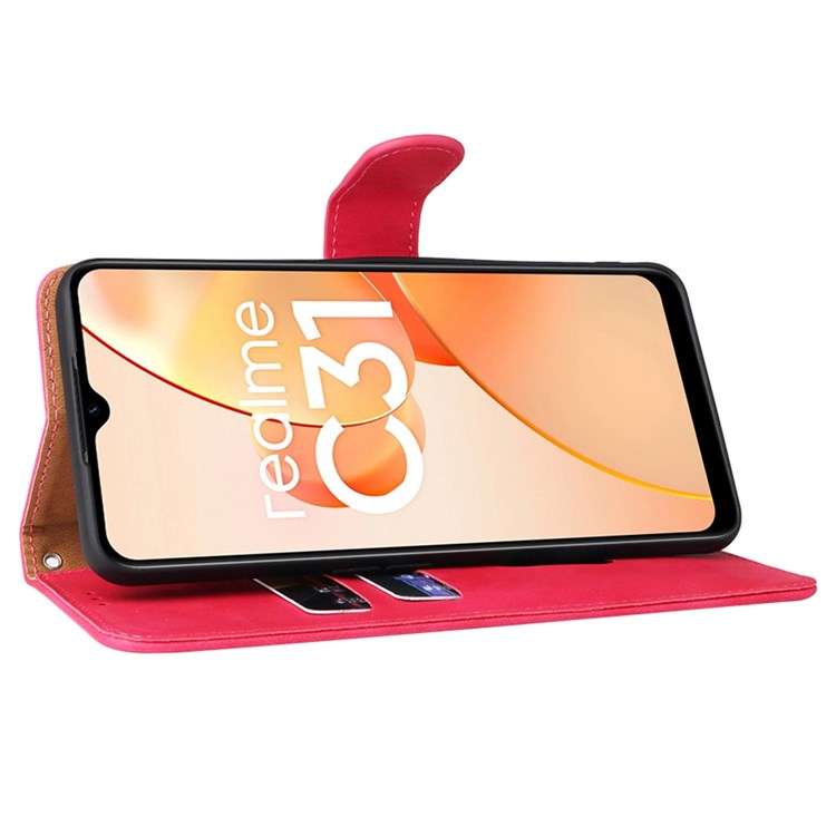 Skin-touch Feeling Phone Case for Realme C31, PU Leather + TPU Full Protection Cover with Stand Wallet - Rose