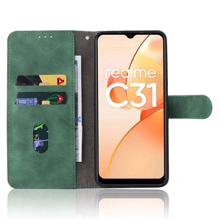 Skin-touch Feeling Phone Case for Realme C31, PU Leather + TPU Full Protection Cover with Stand Wallet - Green