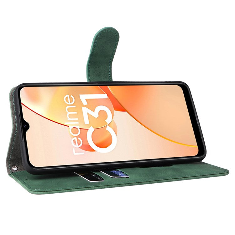 Skin-touch Feeling Phone Case for Realme C31, PU Leather + TPU Full Protection Cover with Stand Wallet - Green