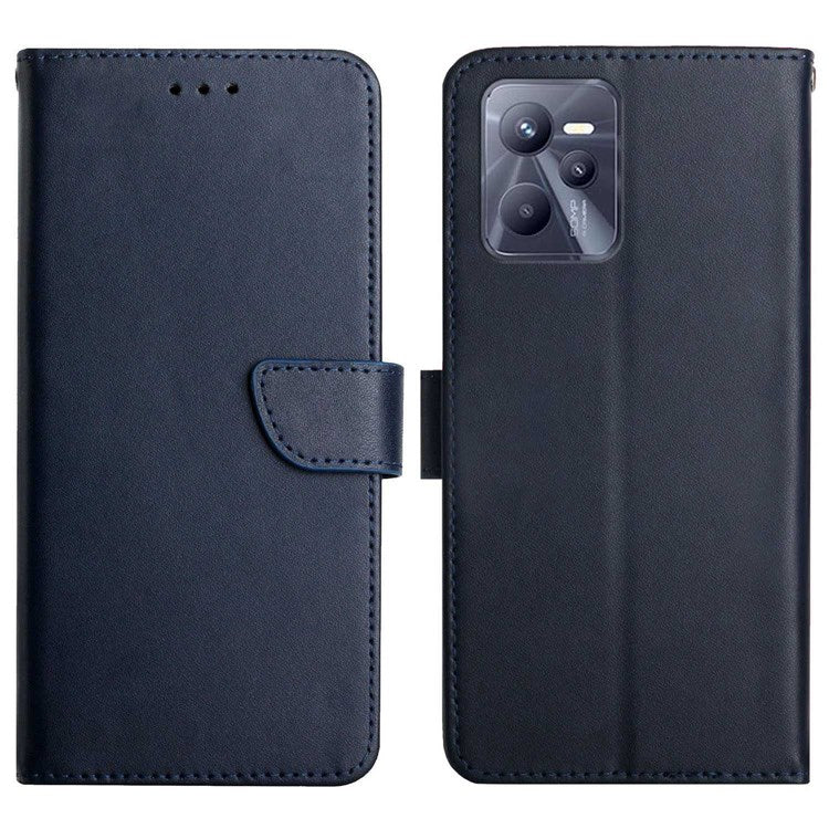 For Realme C35 Wallet Stand Genuine Leather Nappa Texture Magnetic Closure Folio Flip Phone Case - Blue