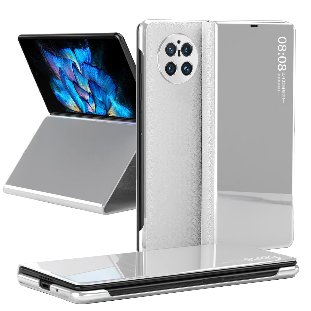 For vivo X Fold PU Leather Coated PC Mirror Surface View Window Shell Stand Function Shockproof Protective Phone Cover - Silver