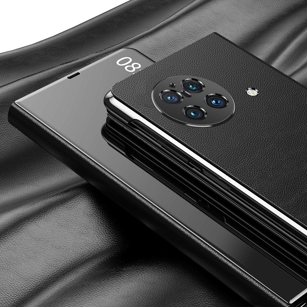 For vivo X Fold PU Leather Coated PC Mirror Surface View Window Shell Stand Function Shockproof Protective Phone Cover - Silver