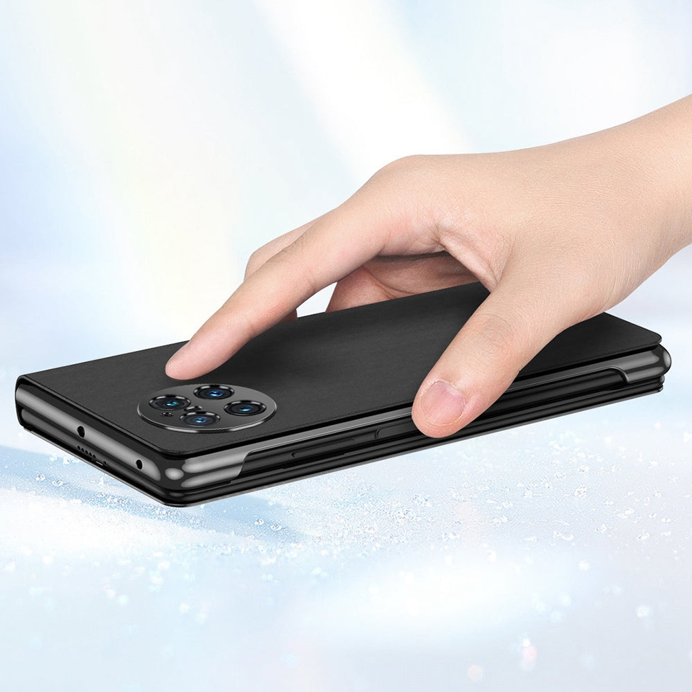 For vivo X Fold PU Leather Coated PC Mirror Surface View Window Shell Stand Function Shockproof Protective Phone Cover - Silver