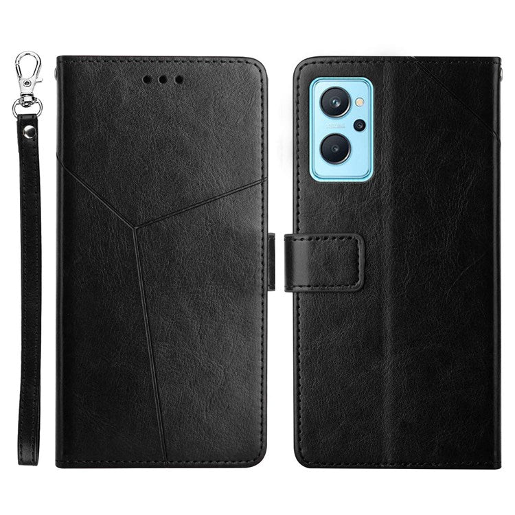 HT01 For Realme 9i/Oppo A36 4G/A76 4G/A96 4G/K10 4G Y-Shaped Lines Imprinted Phone Case PU Leather Wallet Stand Protective Cover - Black