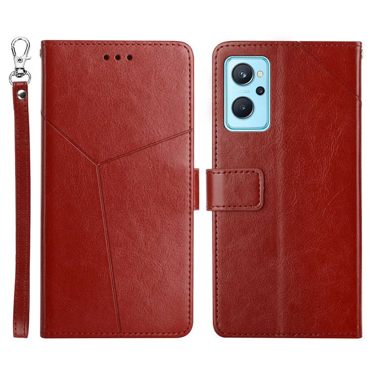 HT01 For Realme 9i/Oppo A36 4G/A76 4G/A96 4G/K10 4G Y-Shaped Lines Imprinted Phone Case PU Leather Wallet Stand Protective Cover - Brown