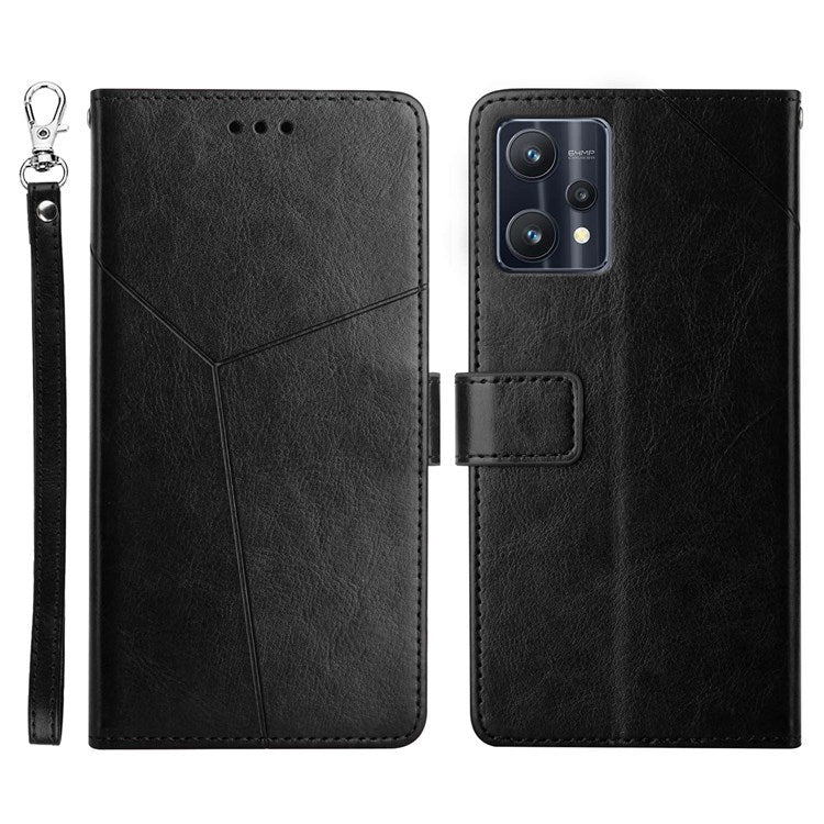HT01 For Realme V25 / Realme 9 Pro 5G / 9 5G / OnePlus Nord CE 2 Lite 5G Y-Shaped Lines Imprinted PU Leather + TPU Phone Case with Wallet Stand - Black