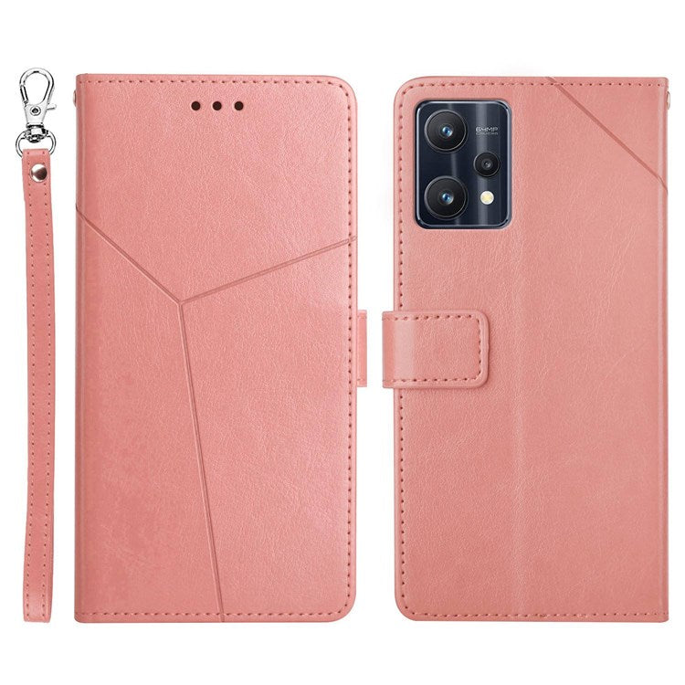 HT01 For Realme V25 / Realme 9 Pro 5G / 9 5G / OnePlus Nord CE 2 Lite 5G Y-Shaped Lines Imprinted PU Leather + TPU Phone Case with Wallet Stand - Pink