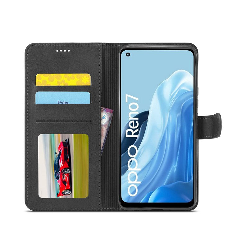 LC.IMEEKE Leather Wallet Phone Case for Oppo Reno7/F21 Pro 4G, Wallet Design Textured Leather Phone Shell with Adjustable Stand - Black