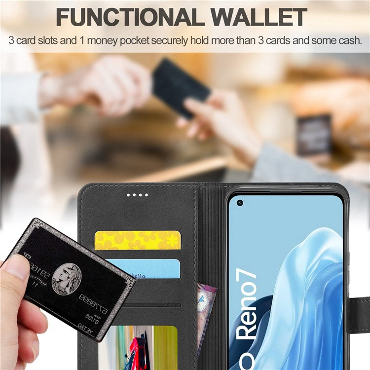 LC.IMEEKE Leather Wallet Phone Case for Oppo Reno7/F21 Pro 4G, Wallet Design Textured Leather Phone Shell with Adjustable Stand - Black