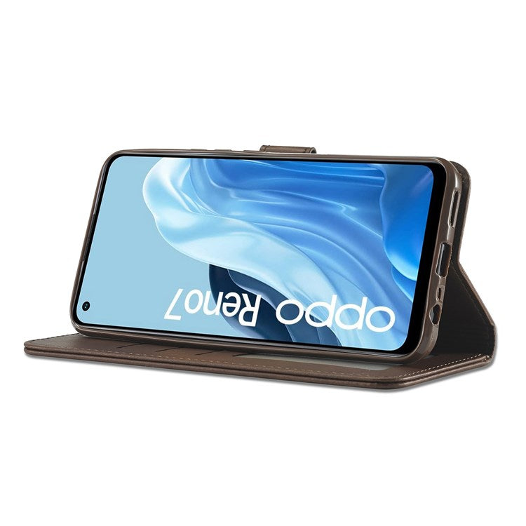 LC.IMEEKE Leather Wallet Phone Case for Oppo Reno7/F21 Pro 4G, Wallet Design Textured Leather Phone Shell with Adjustable Stand - Brown