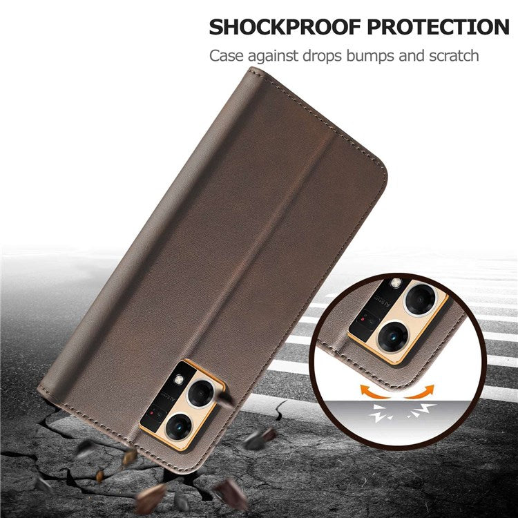 LC.IMEEKE Leather Wallet Phone Case for Oppo Reno7/F21 Pro 4G, Wallet Design Textured Leather Phone Shell with Adjustable Stand - Brown
