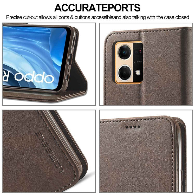 LC.IMEEKE Leather Wallet Phone Case for Oppo Reno7/F21 Pro 4G, Wallet Design Textured Leather Phone Shell with Adjustable Stand - Brown
