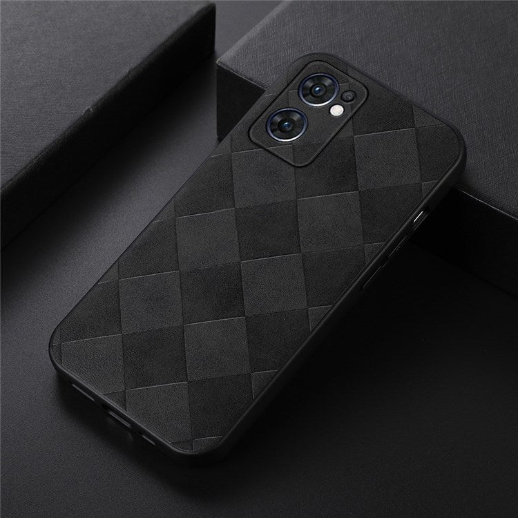 Slim Phone Case for Oppo Reno7 5G (Global) Grid Texture PU Leather Coated Hybrid Phone Cover Shockproof Phone Back Shell - Black