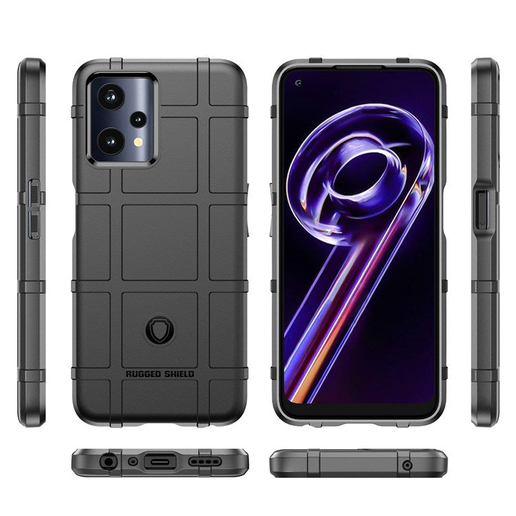 Rugged Square Grid Phone Cover for Realme Q5, Thickened TPU Anti-drop Smartphone Back Case - Black