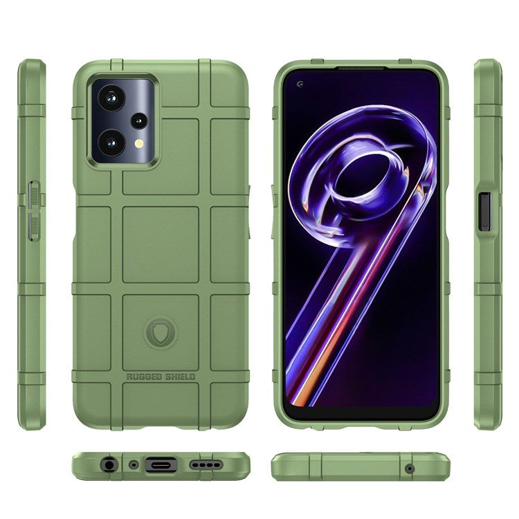 Rugged Square Grid Phone Cover for Realme Q5, Thickened TPU Anti-drop Smartphone Back Case - Green
