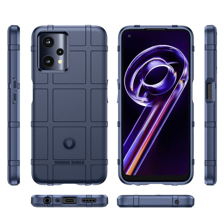 Rugged Square Grid Phone Cover for Realme Q5, Thickened TPU Anti-drop Smartphone Back Case - Blue