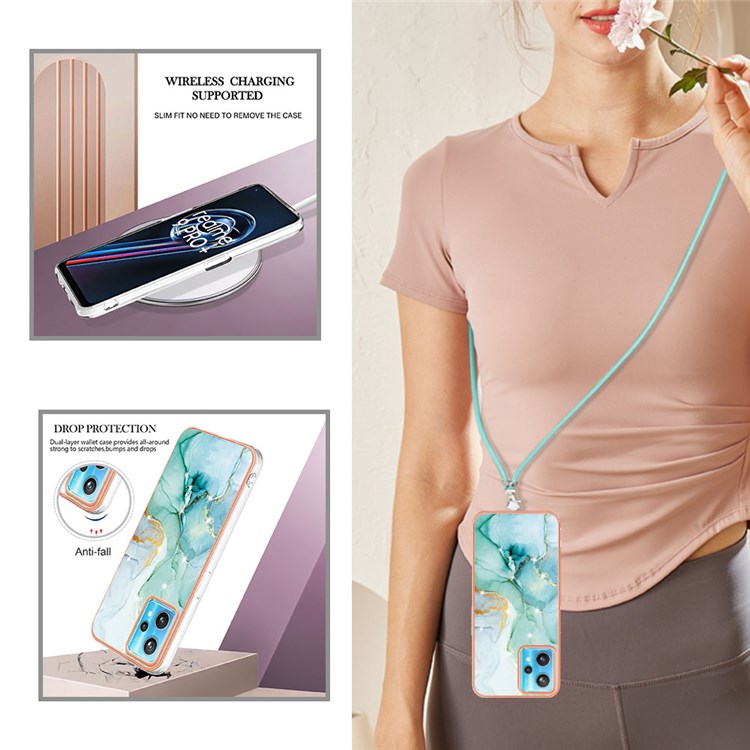 YB IMD Series-9 for Realme V25 / Realme 9 Pro 5G / 9 5G Marble Pattern IMD Soft TPU Case Electroplating Phone Shell with Lanyard - Green 003