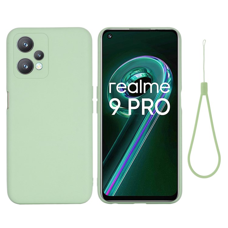 For Realme 9 Pro 5G / 9 5G / V25 Slim Liquid Silicone Case Scratch-Resistant Microfiber Lining Lens Camera Protection Back Cover with Strap - Green