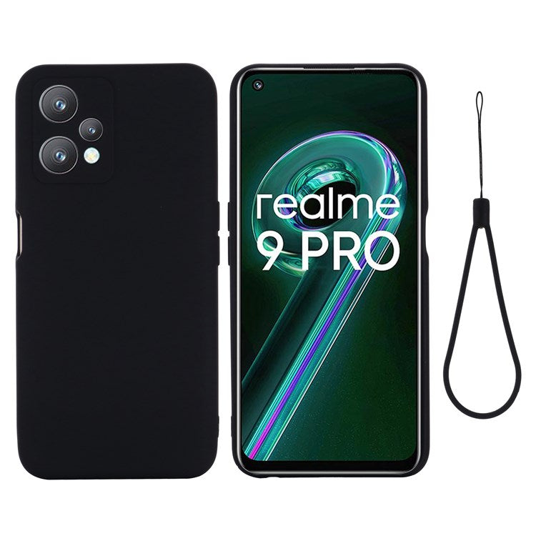For Realme 9 Pro 5G / 9 5G / V25 Slim Liquid Silicone Case Scratch-Resistant Microfiber Lining Lens Camera Protection Back Cover with Strap - Black
