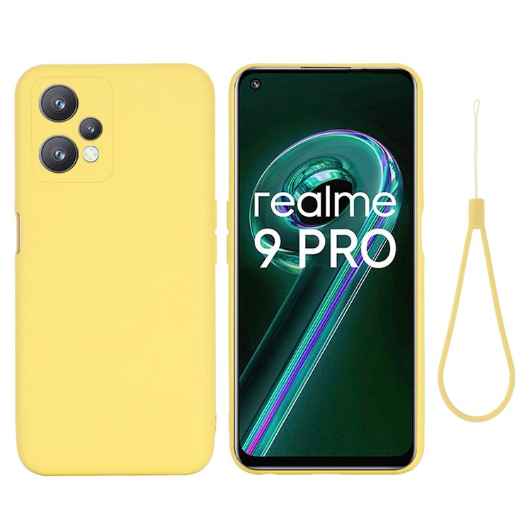 For Realme 9 Pro 5G / 9 5G / V25 Slim Liquid Silicone Case Scratch-Resistant Microfiber Lining Lens Camera Protection Back Cover with Strap - Yellow