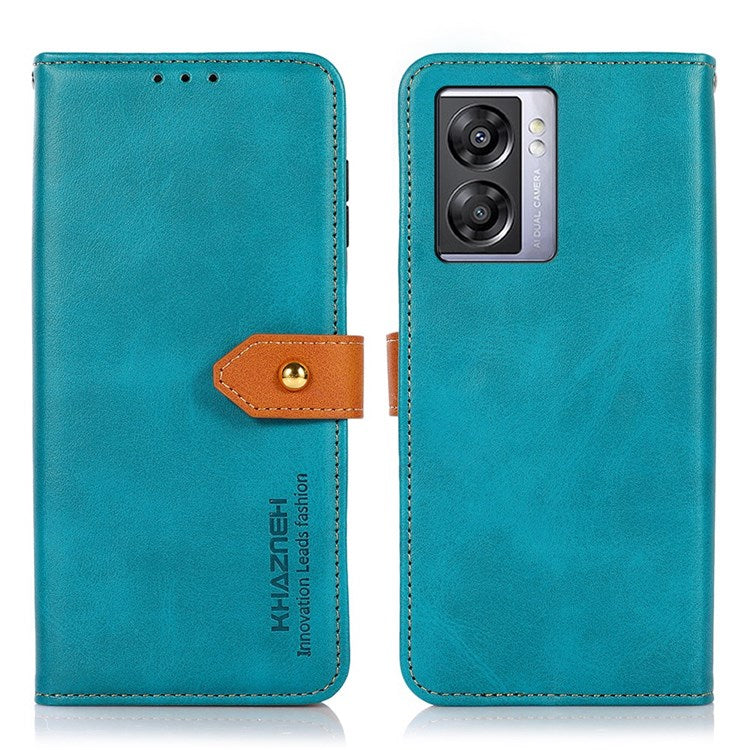 KHAZNEH for Oppo A57 (2022) 5G / A77 5G / OnePlus Nord N300 5G Golden Magnetic Buckle Hands-free Stand Cover, Dual Color Leather Flip Wallet Phone Case - Blue