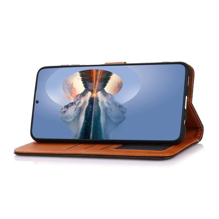 KHAZNEH for Oppo A57 (2022) 5G / A77 5G / OnePlus Nord N300 5G Golden Magnetic Buckle Hands-free Stand Cover, Dual Color Leather Flip Wallet Phone Case - Blue
