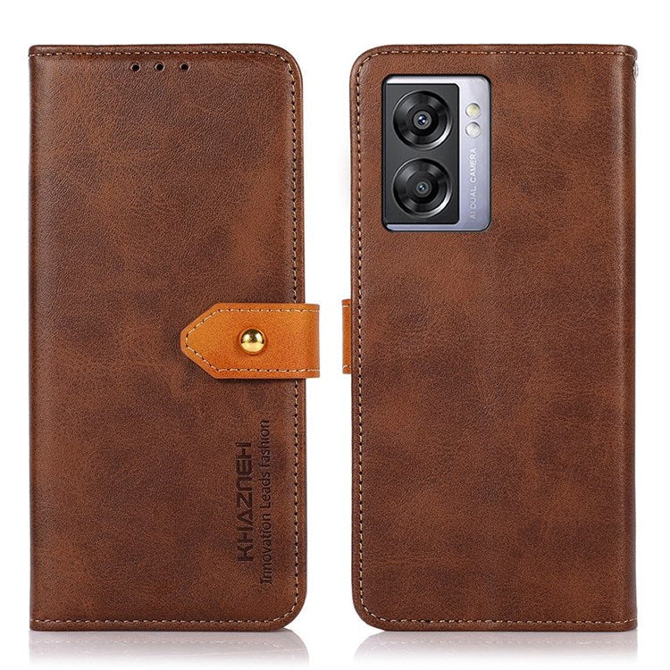 KHAZNEH for Oppo A57 (2022) 5G / A77 5G / OnePlus Nord N300 5G Golden Magnetic Buckle Hands-free Stand Cover, Dual Color Leather Flip Wallet Phone Case - Brown