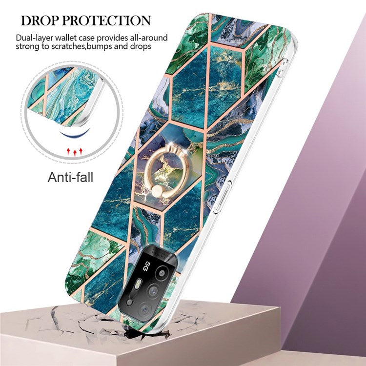 YB IMD Series-7 for Oppo A94 5G/A95 5G Electroplating Phone Case Marble Pattern IMD Shockproof TPU Smartphone Cover with Ring Kickstand - Blue/Green