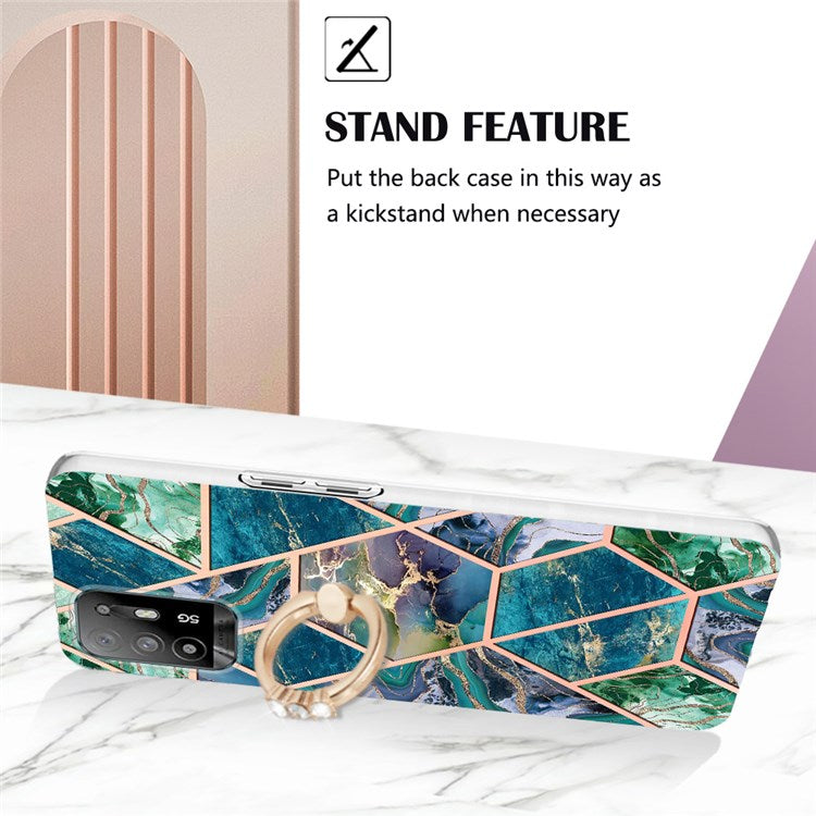 YB IMD Series-7 for Oppo A94 5G/A95 5G Electroplating Phone Case Marble Pattern IMD Shockproof TPU Smartphone Cover with Ring Kickstand - Blue/Green